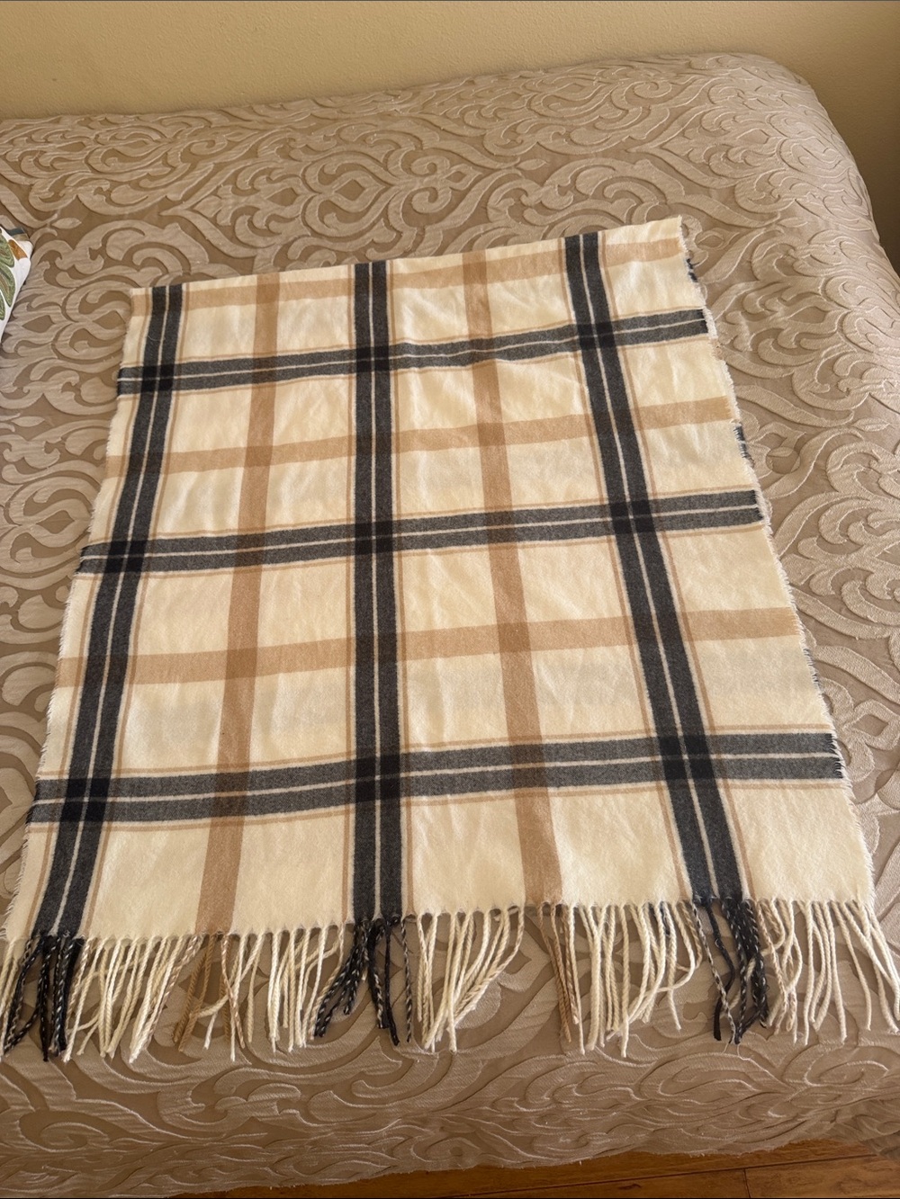 Hollister Cream Plaid Throw with Tan and Black Stripes